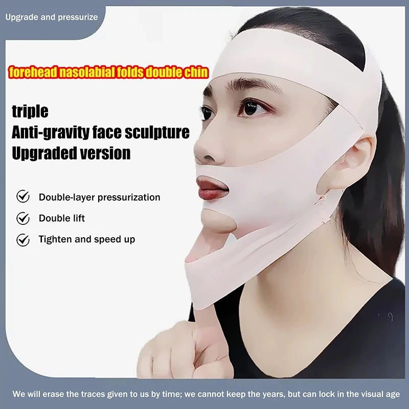 ソフトピンクのフルフェイス圧迫包帯ヘッドバンド、調節可能なストラップ付き、通気性があり、顔のリフトアップとサポートに最適、日常使いや睡眠に。