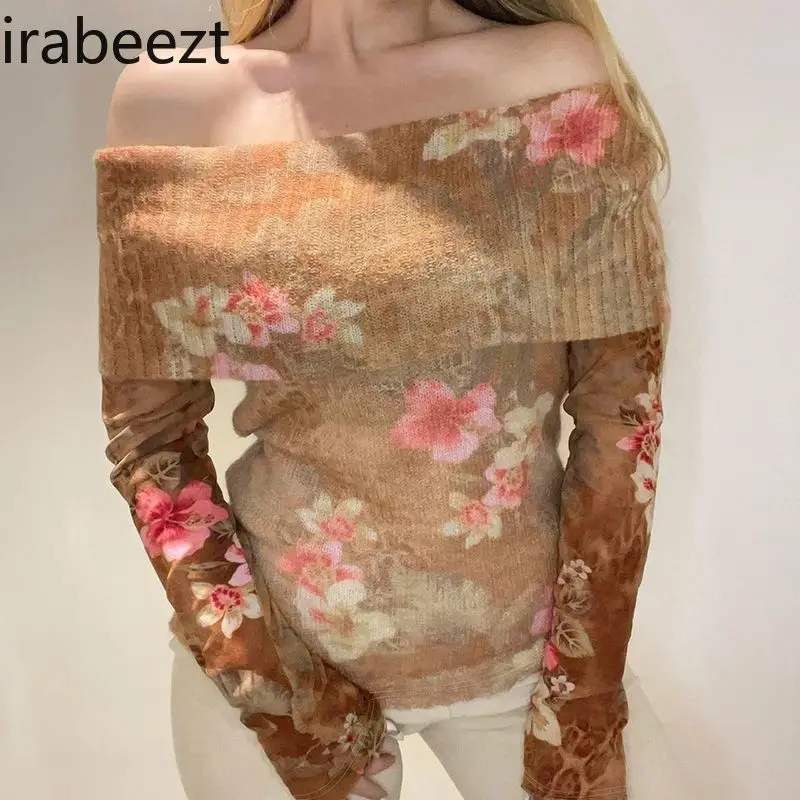 

Vintage Knit Patchwork Off Shoulder T-Shirt Floral Print Slim Fit Crop Top Retro Feminine Sexy Summer Blouse Cute Casual Tee