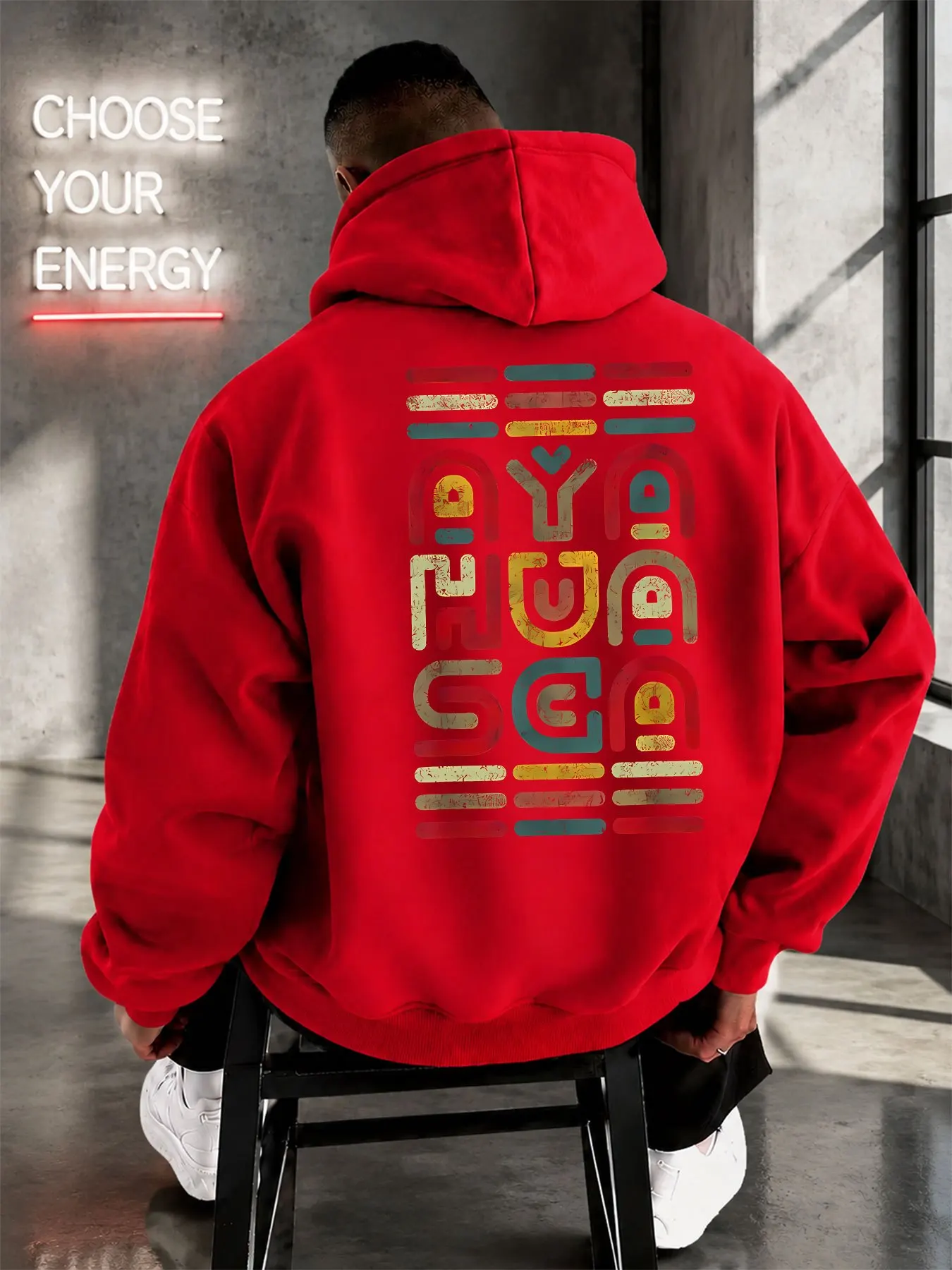 Boho Abstrakt Gestalteter Farbiger Buchstaben-Hoodie für Herren Vintage Mehrfarbiger Alphabet-Kunstdruck Lässiger Lockerer Streetwear-Hoodie – Detail 3