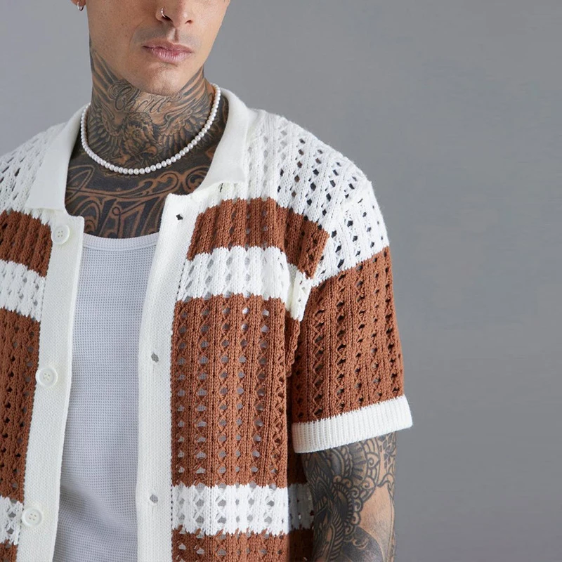 Fashion Striped Patchwork Men\'s Knit Shirts 2023 Summer Short Sleeve Turndown Collar Button Shirt Men Clothes Casual Knitted Top