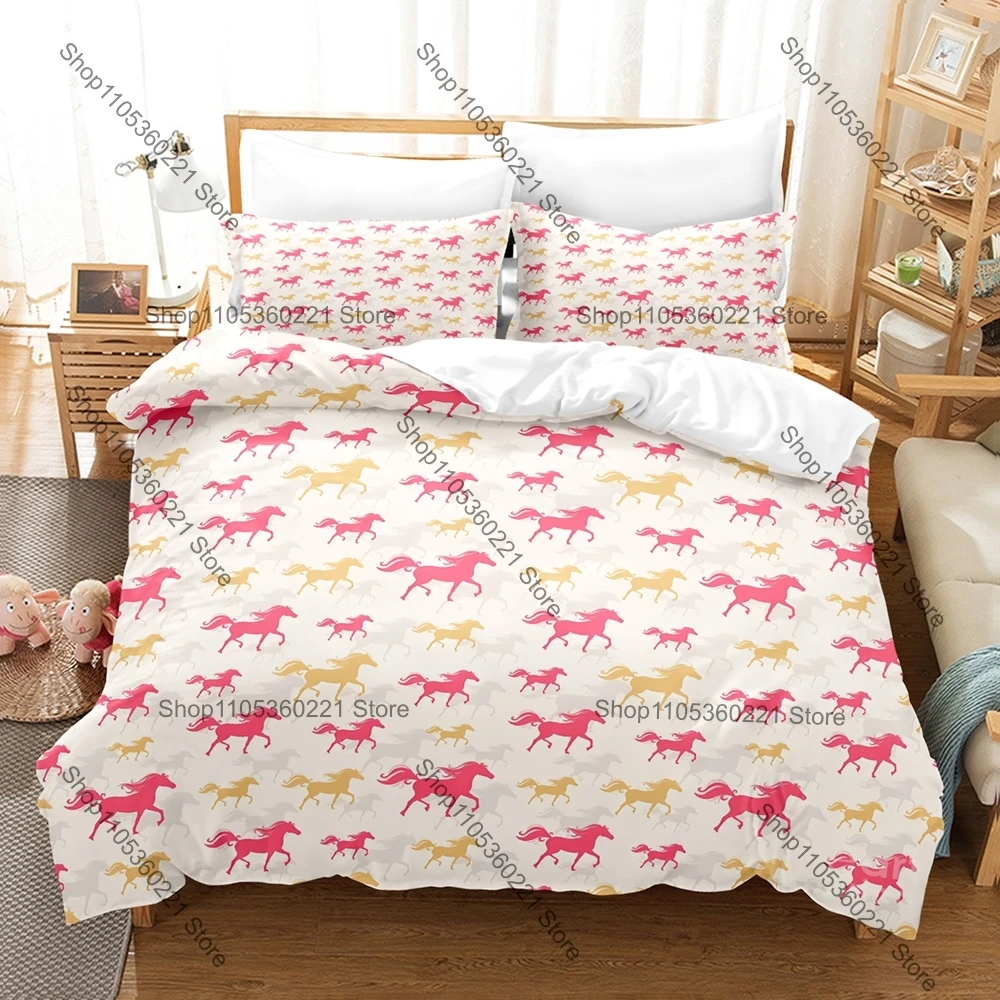 Kawaii Cartoon Horse Bedding Set Single Twin Full Queen King Size Bed Set Adult Bedroom Duvetcover Sets Anime Bed Sheet Set