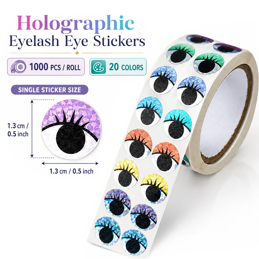 1000 Pcs Holographic Eyelash Eye Stickers Roll, 20 Colors Decorative Eye Labels for Scrapbooking, Journals, Planners