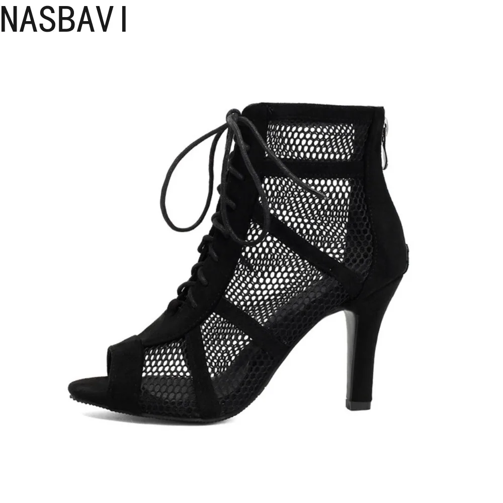 NASBAVI Women Latin Dance Boots Tango Party Shoes for Ladies Girls High Heels Ballroom Dance Shoes Mesh Rumba Samba Salsa Shoes
