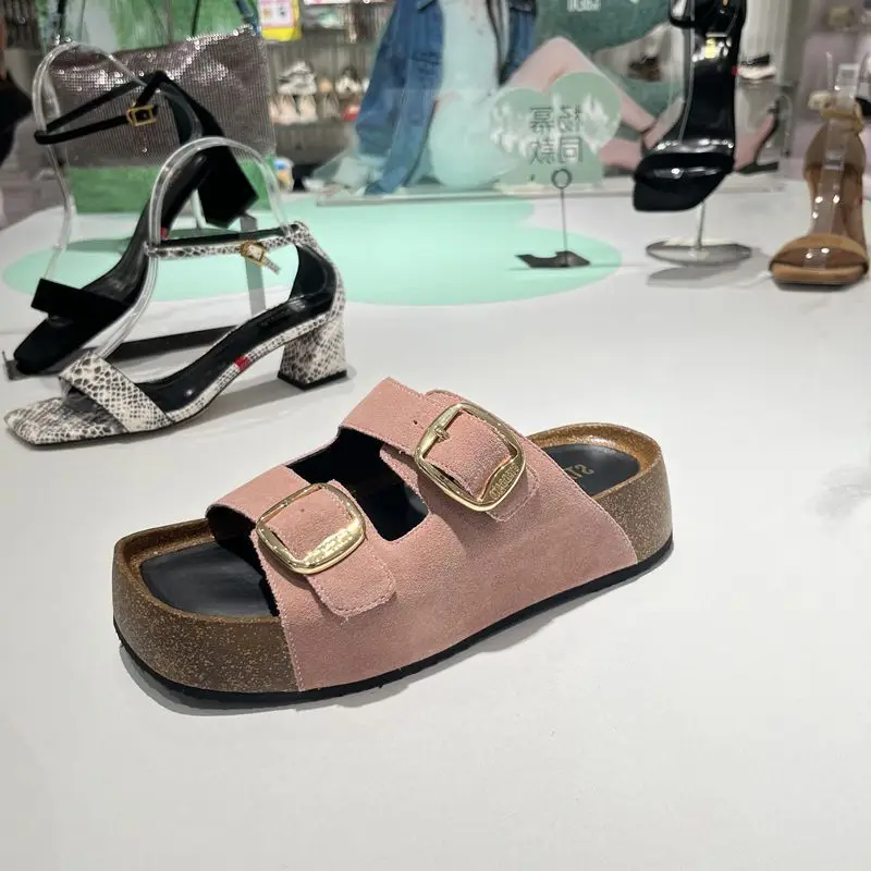 Thick soled lazy slippers for women in summer 2024, new square toe casual one line sandals for beach wearing, Boken shoes