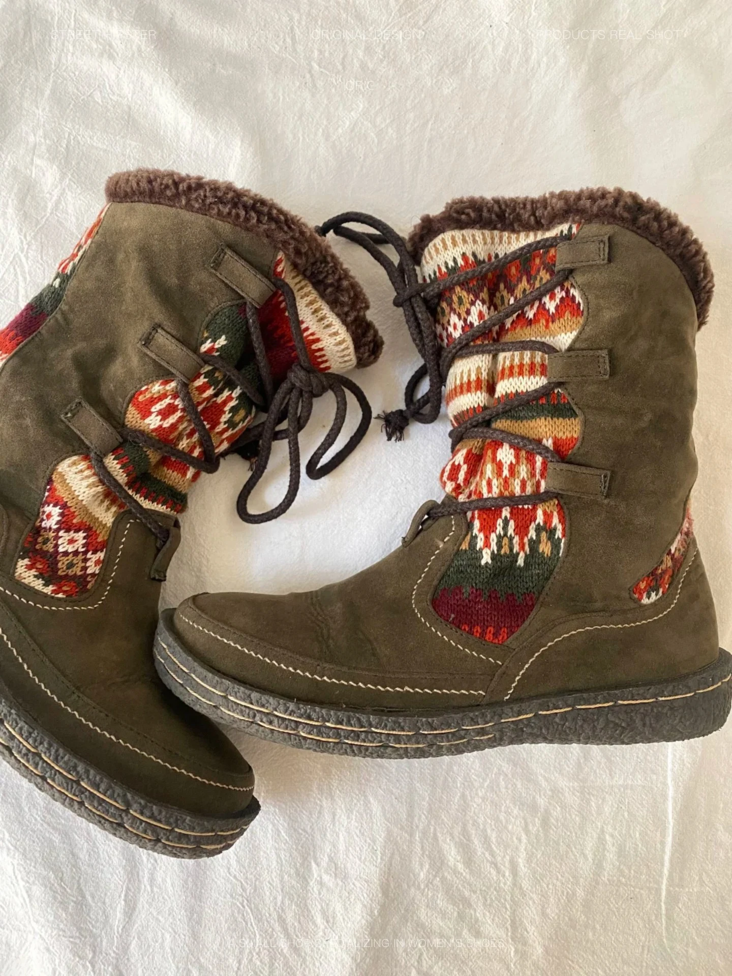 Women's Olive Suede Winter Boots Aztec Pattern Fleece Lining Cozy Retro Style for Cold Weather Outings or Casual Everyday Looks