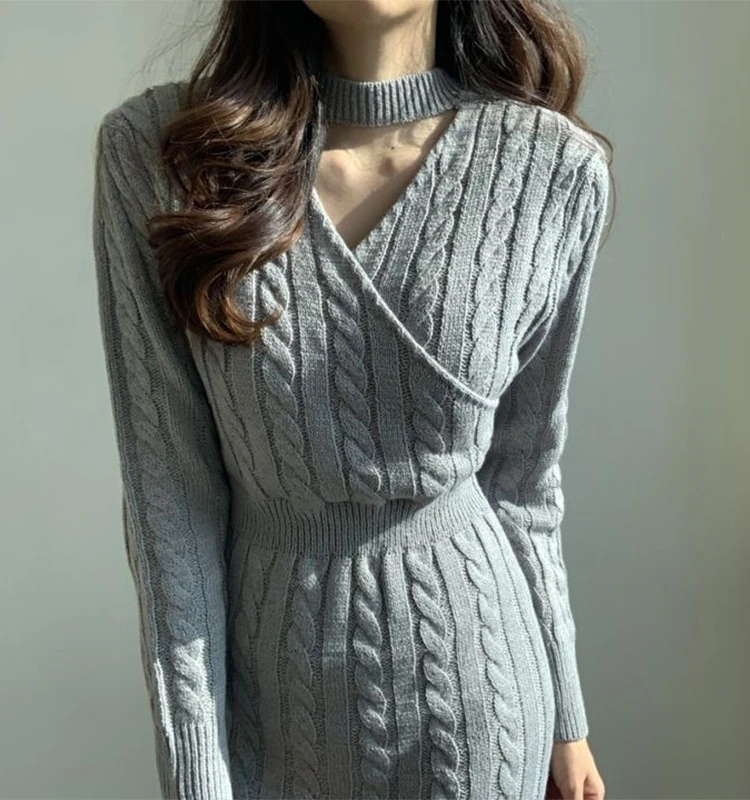 French Long Sleeve Sweater Knee Length Dress High Fork Style Thickened Paired With Knitted Dresses Women Autumn Winter Season