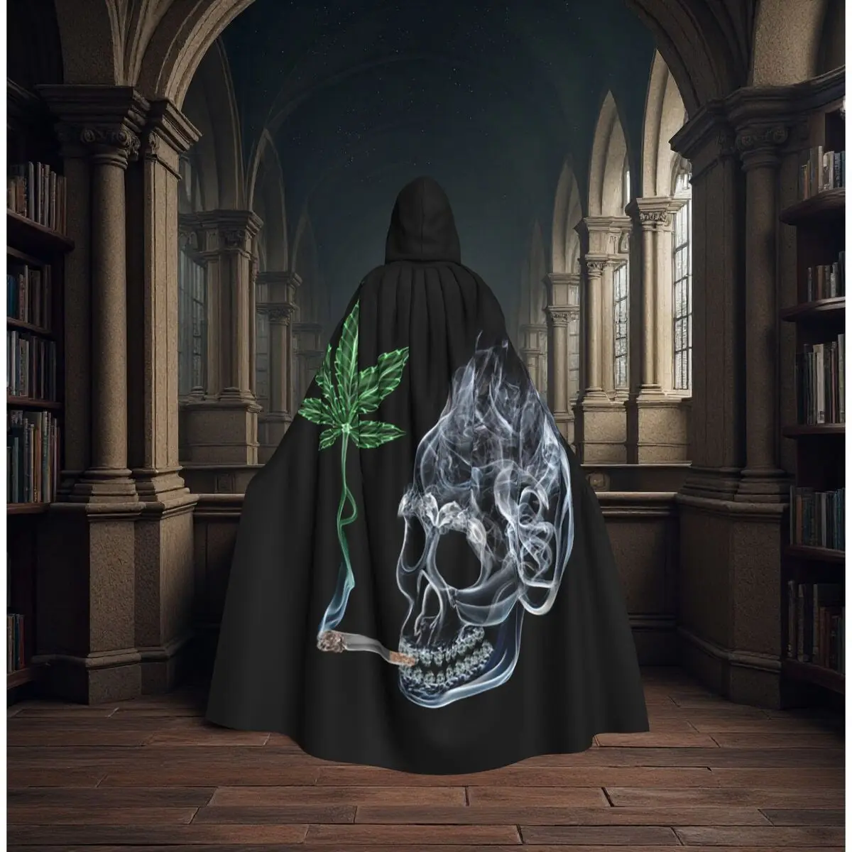 Skull And Leaf Long Hooded Cloak Witch Medieval Costume Cosplay Cape HalloweenVampire Adult Unisex - view 2