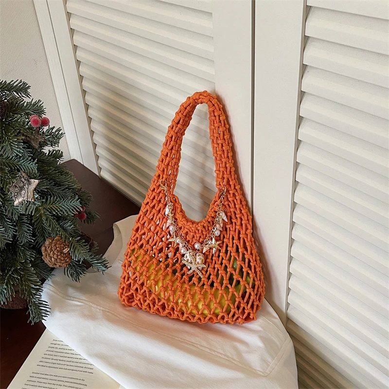 Summer Hollow Out Crochet Mesh Tote Bags Hot Sale Mini Beach Youth Shoulder Purse Shell Starfish Chain Hot Pink Woven Handbag view 3