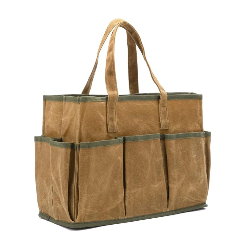 1Pc Tool Bag Waxed Canvas Tool Tote Bag W/ 10 Pockets Heavy Duty Storage Bag For Gardener Handymen Hand Tool Organizer