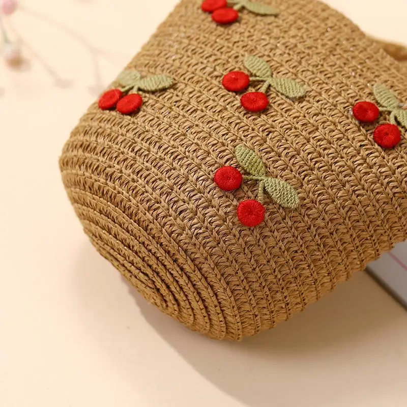 Faltbare gewebte Strohtasche für Kinder, Sommer-Schultertaschen für Mädchen, rote Kirschen, Kinderhandtaschen, Strand- und Reisetaschen, kleine Geldbörsen – Detail 12