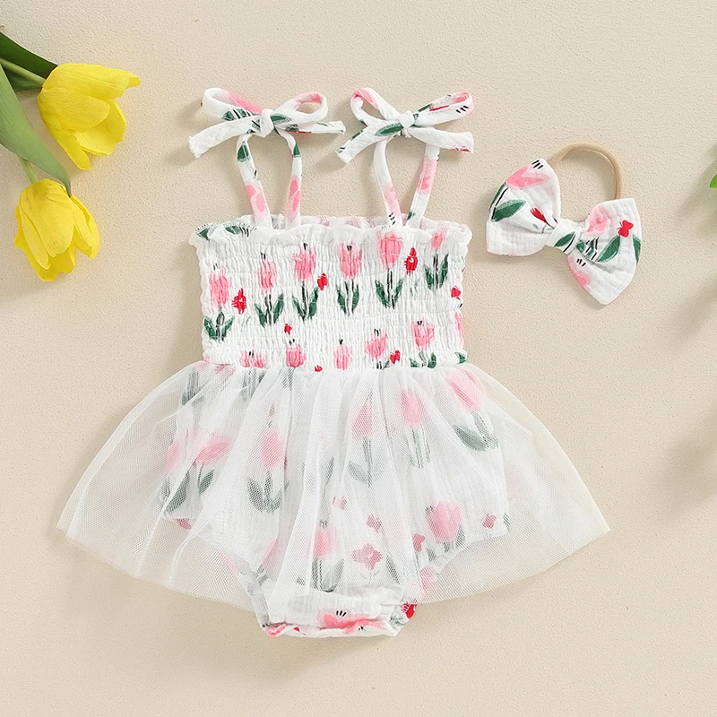 

Baby Girl Summer Jumpsuit Tie Straps Tulip Print Sleeveless Romper Dress and Headband Set Cute Fashion Clothes Outfits