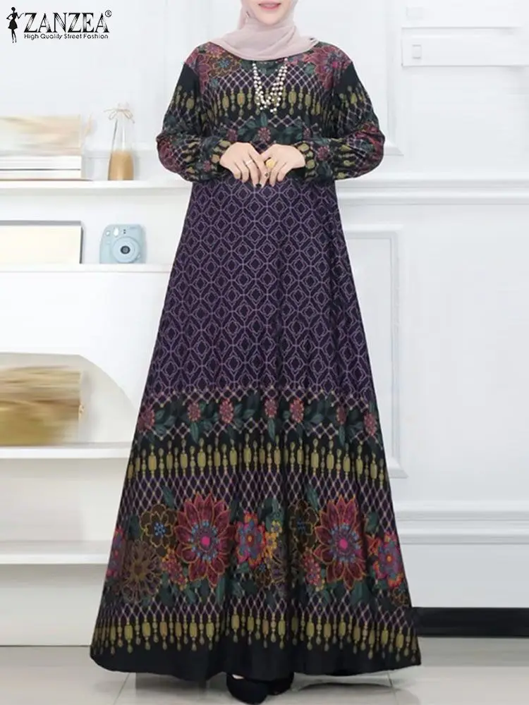 

Autumn Bohemain Maxi Dresses Women Vintage Long Sleeve Robe Islamic Clothing ZANZEA Muslim Abaya Elegant Ethnic Floral Sundress