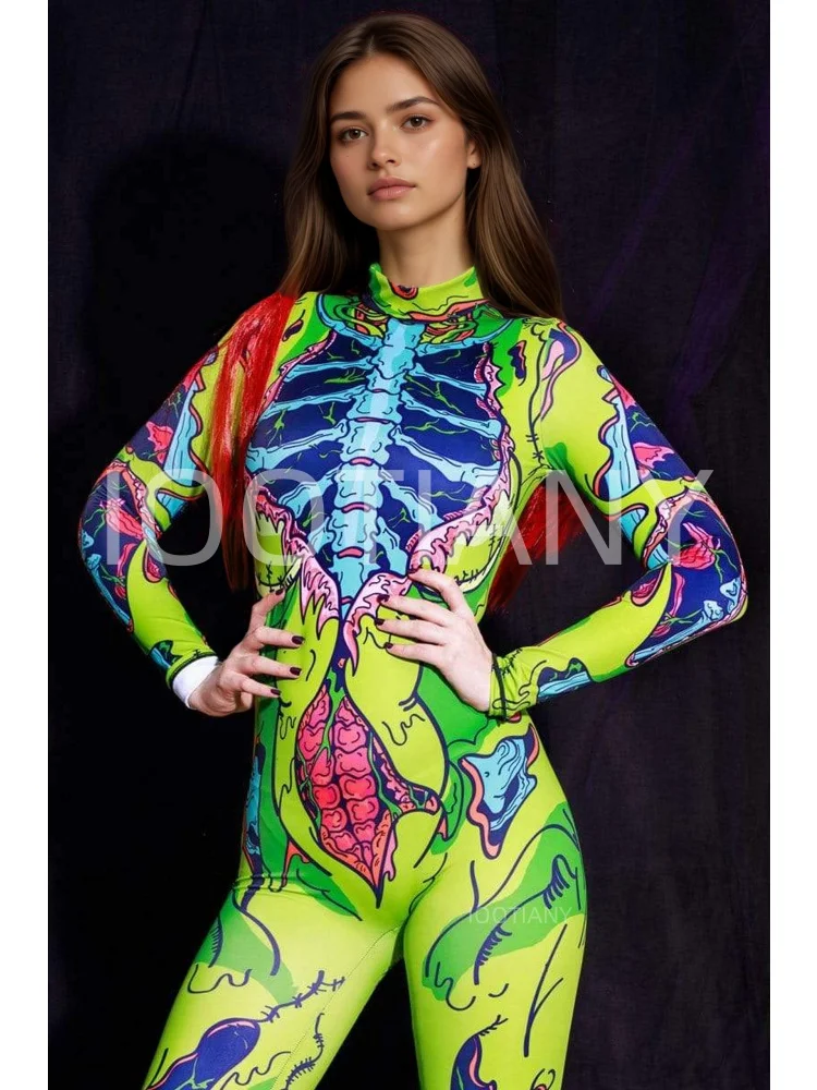 Damen-Party-Kostüm für Feiertage, Cyberpunk-Comic-Zombie-Bodysuit, Halloween, lustiges Cosplay-Skelett-Kostüm, Karneval, Stretch-Strumpfhose, Jumpsuit – Detail 6