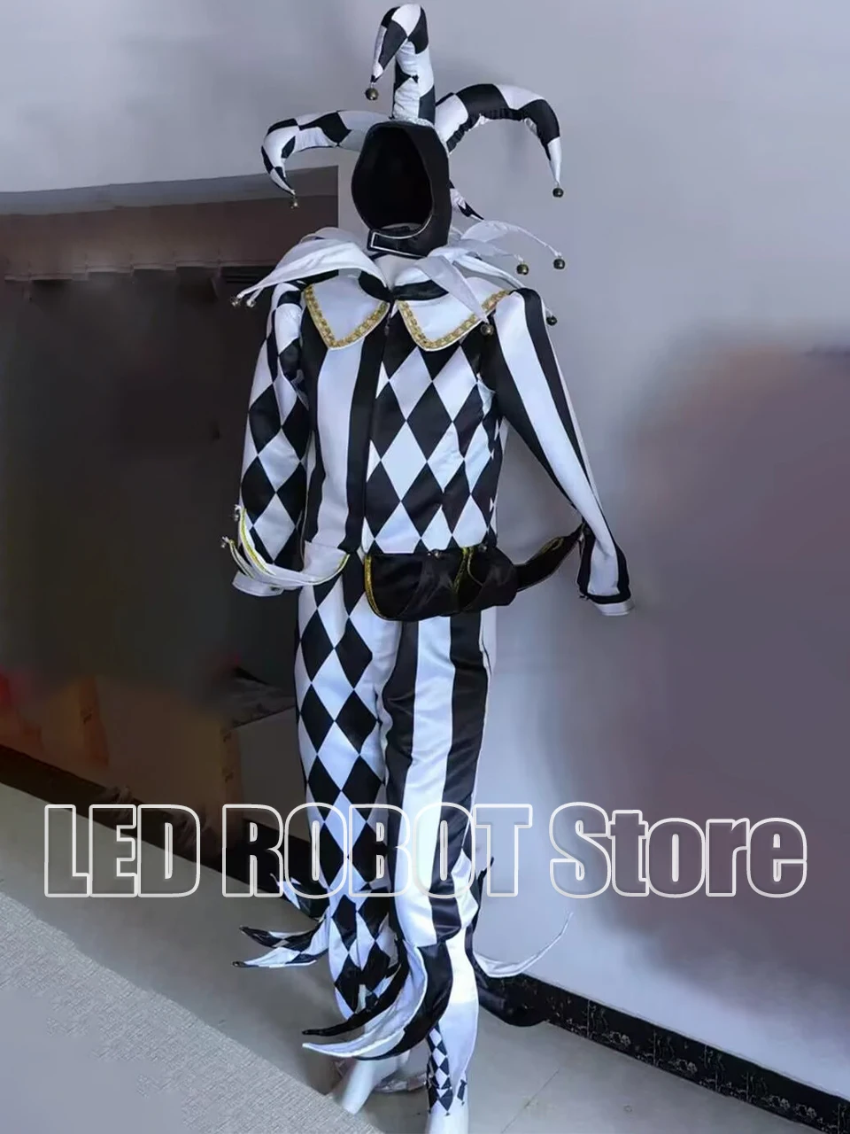 

Black and White Diamond Patterned Clown Costume, Halloween Party Performance Outfit Hooded with Bells for Funny Acts