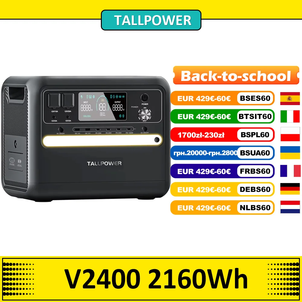Centrale électrique portable TALLPOWER V2400, générateur solaire LiFePo4 2160Wh, sortie AC 2400W 50/60Hz, UPS, 13 sorties, écran LCD