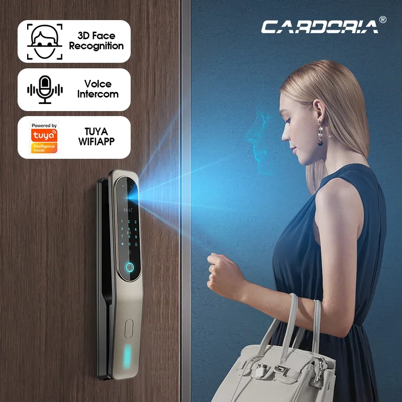 Cerradura de puerta inteligente con reconocimiento facial 3D, aplicación eléctrica Tuya, contraseña biométrica con huella dactilar, cerradura de puerta Wifi completamente automática con cámara