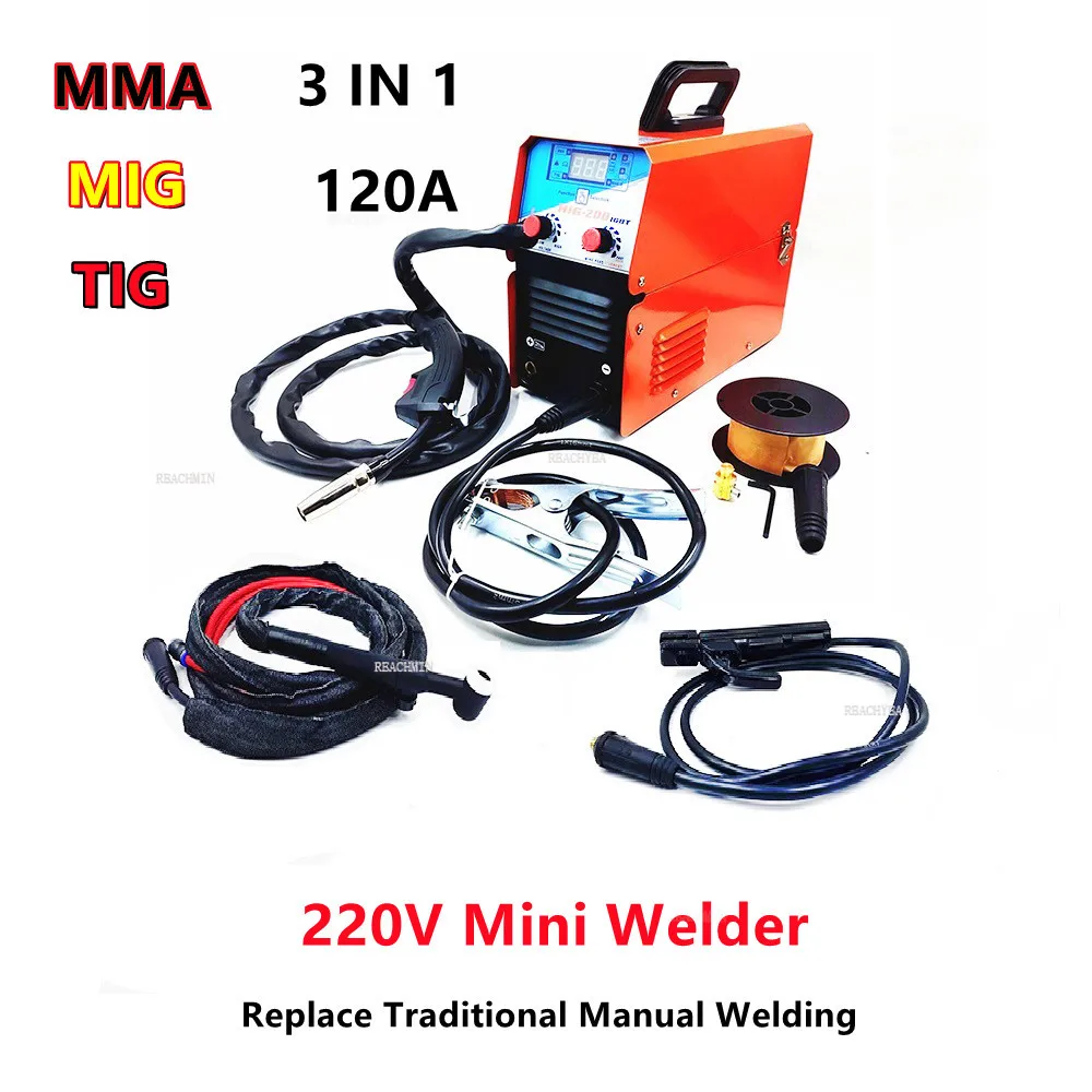 

TIG MMA MIG Welder Machine Welder Semi-Automatic 220V Inverter Tig IGBT Gasless Mig Welder 3 in 1 Synergic Welding Machine 120A