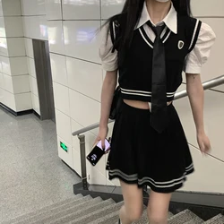 2022 Japanese School Uniform Three Piece Set College High School Girls Student Uniforms Sailor Suit White Top Vest Pleated Skirt