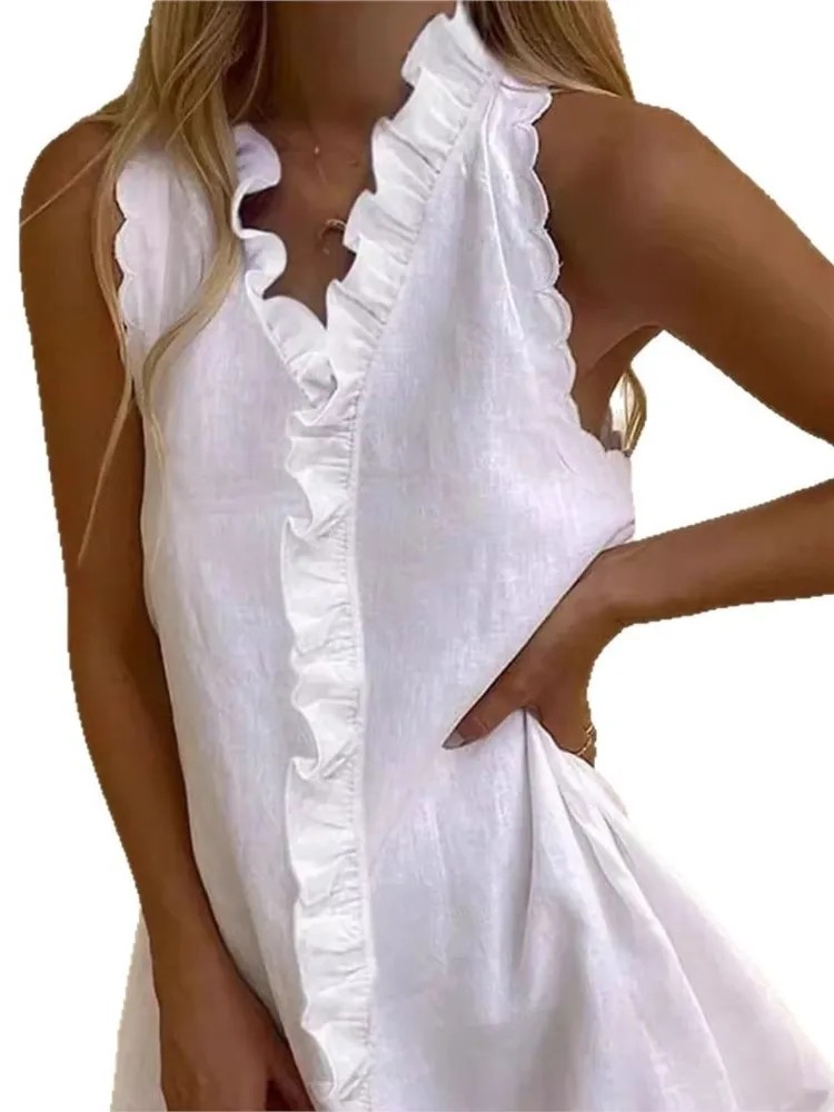 Summer New Casual Cotton And Linen White Dress Women V Neck Ruffles Sleeveless Elegant Boho Beach Party Mini Dresses Female Robe