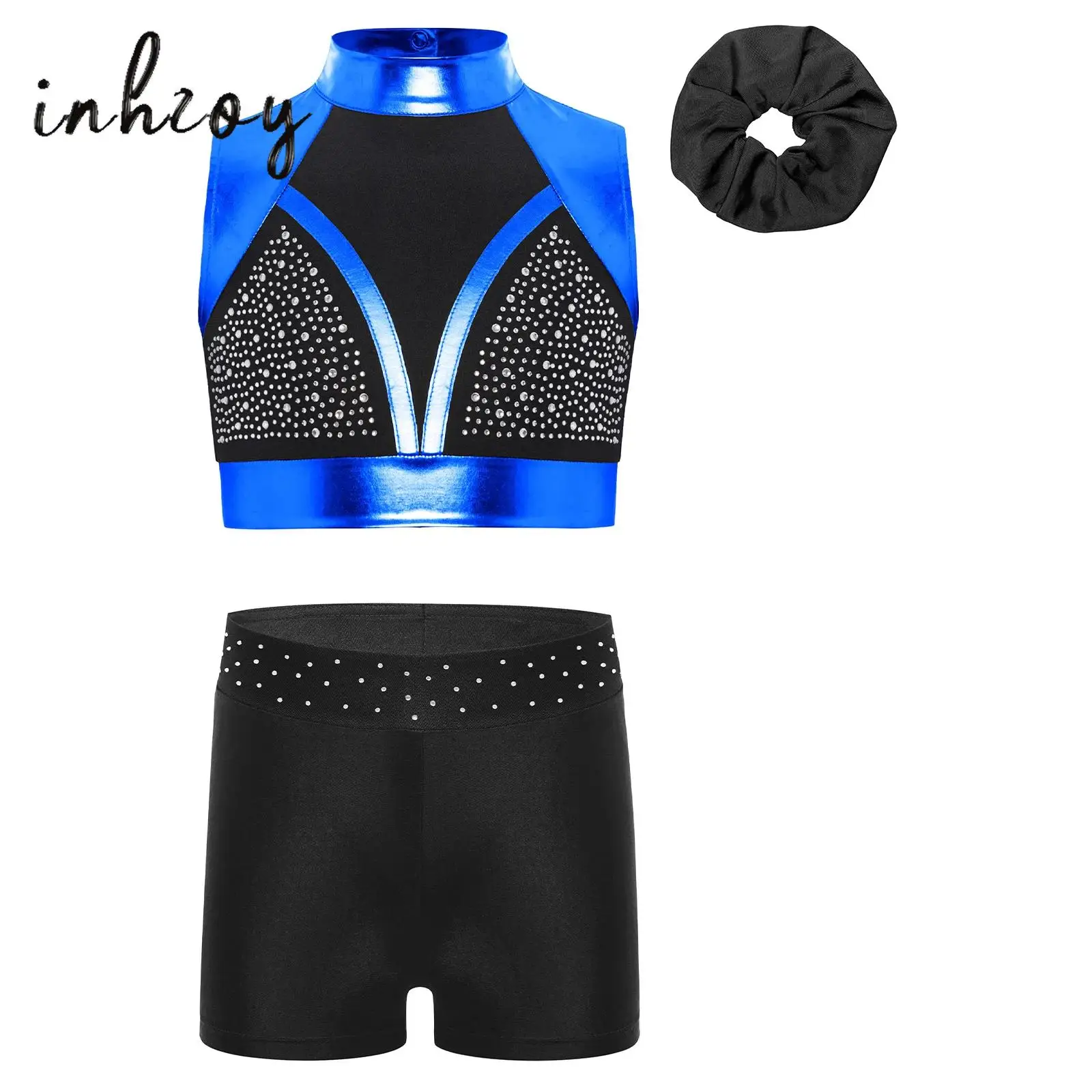 

3Pcs Girls Gymnastics Dance Outfit Shiny Rhinestones Color Block Metallic Tank Crop Top+Shorts+Headwear Set Cheerleader Uniform