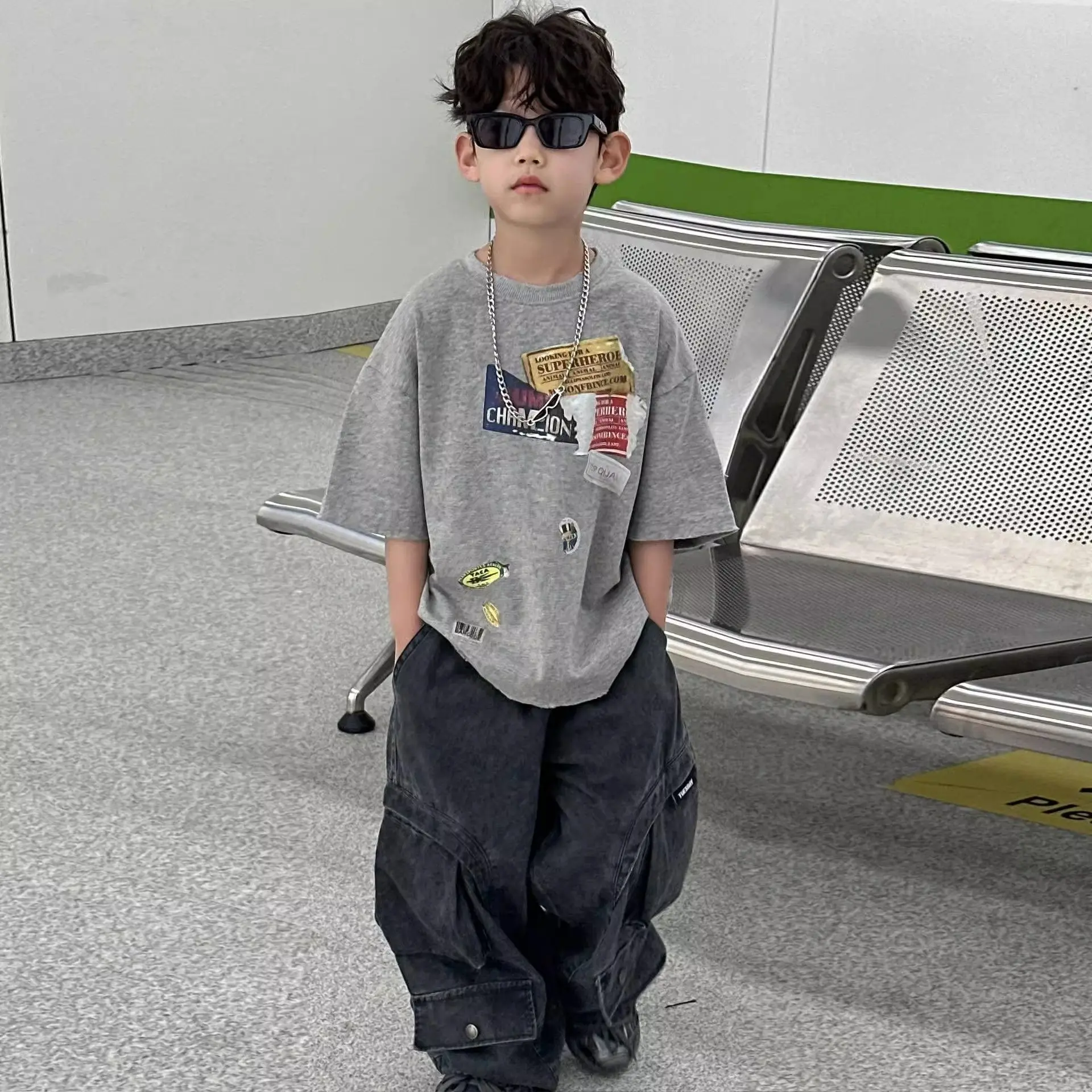 2026 Summer New Vintage Korean Boys T-Shirt Crew Neck Kids Tweens Casual Stylish Breathable Cotton Top