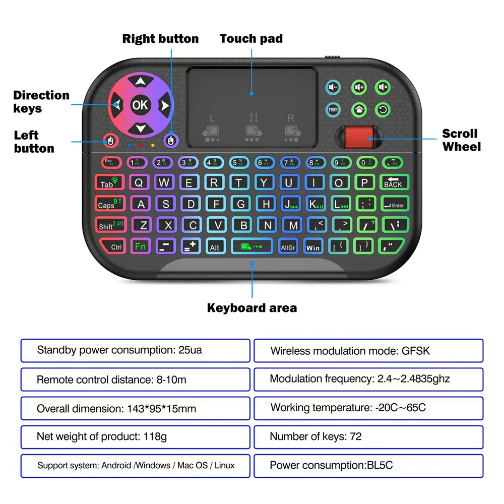 

KEBIDUMEI 8 RGB Mini Wireless Keyboard Bluetooth 2.4G Dual Mode Air Mouse Remote with Roller Touchpad for PC TV Box Projector