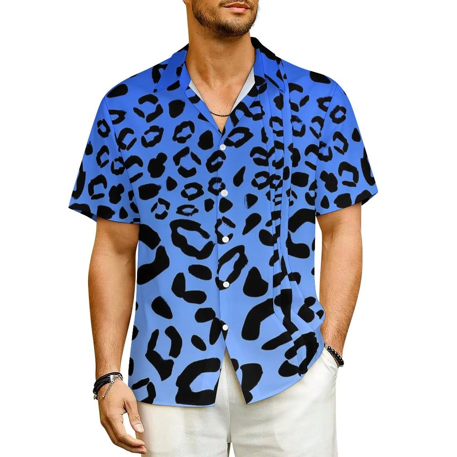 

Blue Ombre Casual Shirt Cheetah Print Elegant Summer Shirts Mens Short Sleeve Beach Street Style Design Plus Size Blouses