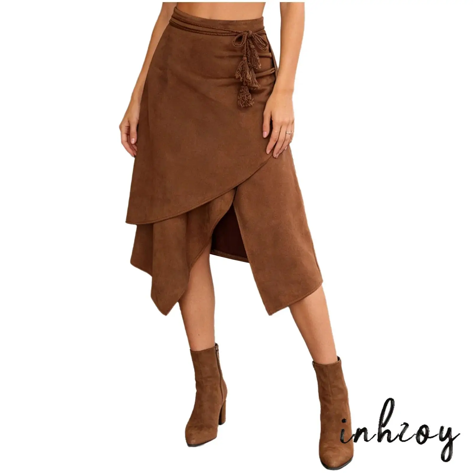 

Y2K Western Cowgirl Midi Skirt for Women Tiered Irregular Hem Side Zipper A Line Skirt with Belt for Raves Party Streetwear