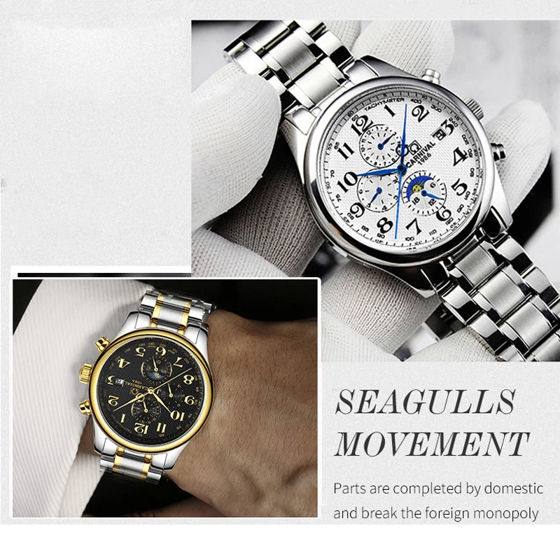 Męskie zegarki mechaniczne Carnival Luxury Brand Moon Phase, biznesowe, wodoszczelne, automatyczne, ze stali nierdzewnej, zegarek na rękę, zegar męski.
