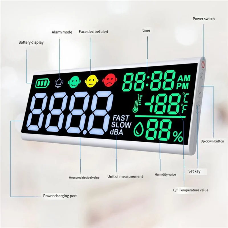 AB45 ديسيبل متر 13 بوصة 30-130Db مستوى الصوت متر ، شاشة الكريستال السائل الكبيرة الجدار شنقا مقياس الصوت ، كاشف مستوى الضوضاء