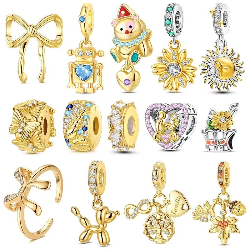 

925 Sterling Silver Gold Plated Tree of Life Charm Bow Bracelet Series Charms Beads Fit Original Bracelets Marking DIY Jewelry