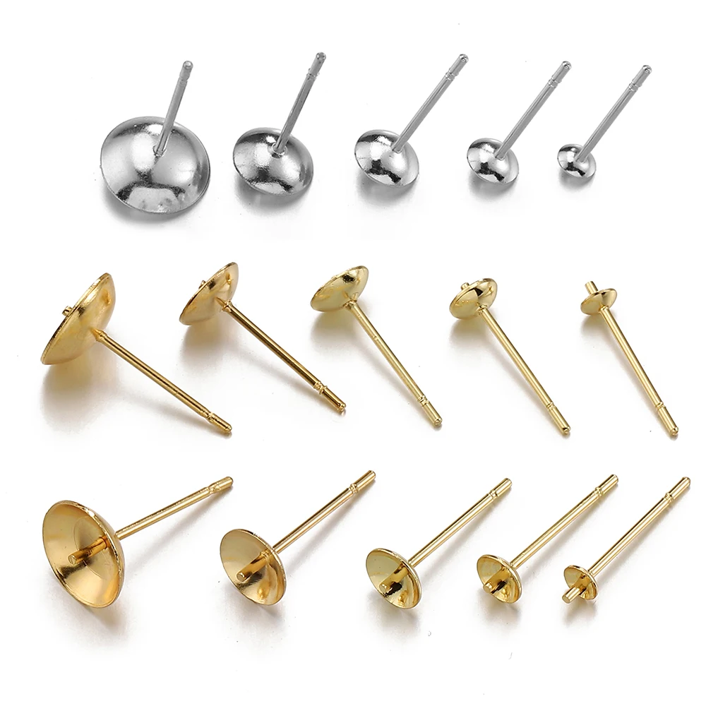 20pcs 3-8mm Gold Color Stainless Steel Ear Studs Earrings Earring Base for Pearl Ear Jewelry Making DIY Accessories Wholesale