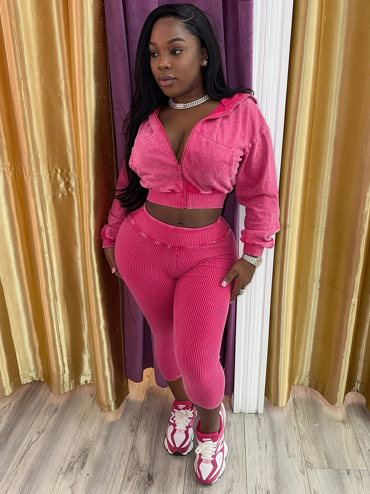 JENYAGE Women 2 Piece Outfit Vintage Look Washed Zip Up Hooded Crop Jacket High Waist Ribbed Capri Pants Stretchy Tracksuit Set