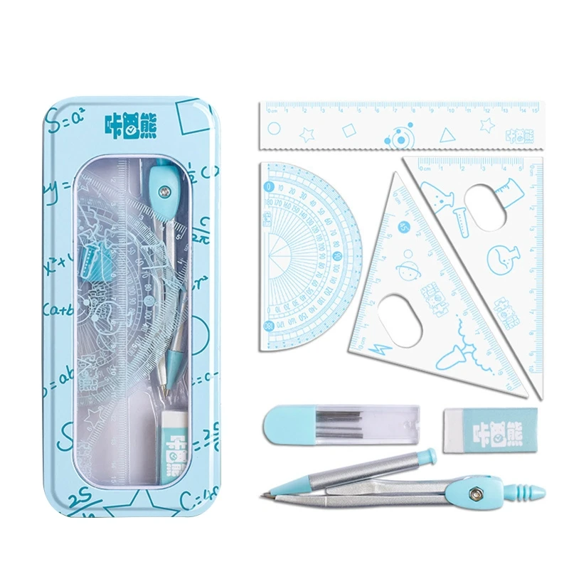 1 Set Math Geometry Kit with Rulers Protractor Compass Eraser Refills & Metal Box School Supplies for Drafting & Drawing