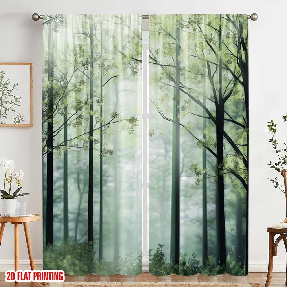 

2pc,2D plane printing Curtains Digital Printed Misty Forest Serenity Versatile Polyester Fabric (without rod) All Seasons for