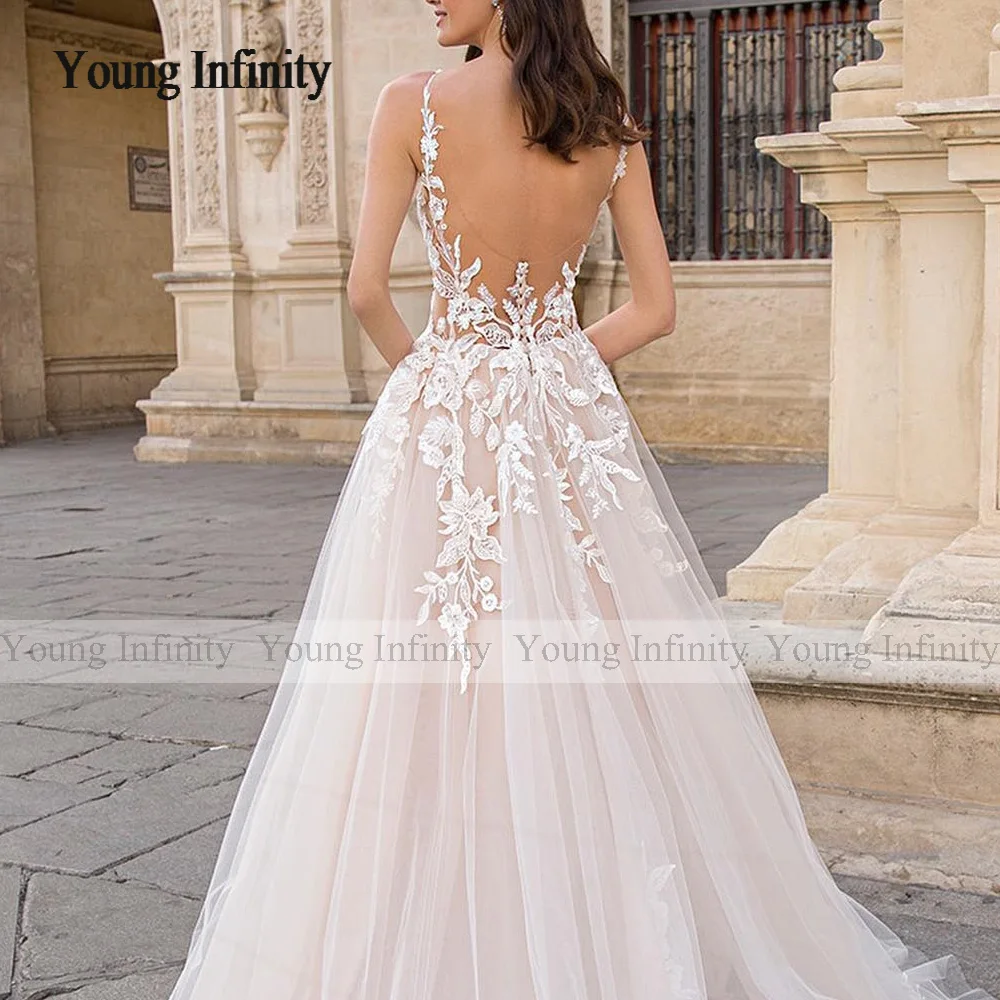 Elegante una linea abito da sposa 2024 abito da sposa scollo A V Backless pizzo Applique lunga sposa festa formale donna estate Boho Wear bianco