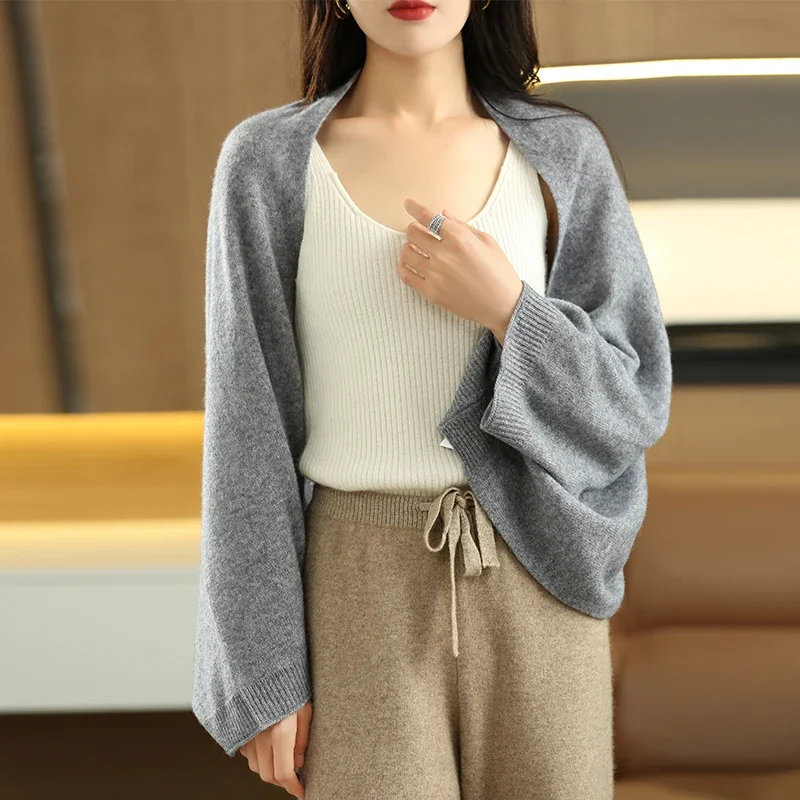 100% Merino Wool Shawl Scarf For Women Autumn Winter Soft Warm Pure Colour Cashmere Cardigan Sweater Female Korean Fashion Tops