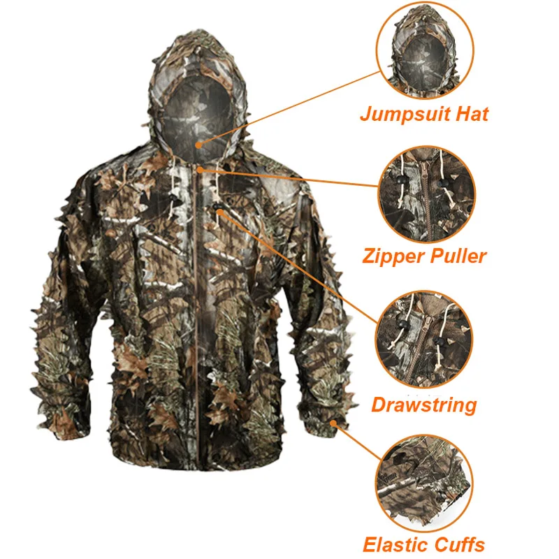 Immagine 4: Tuta Mimetica Ghillie 3D con Foglie, Leggera, per Caccia, Tiro e Airsoft