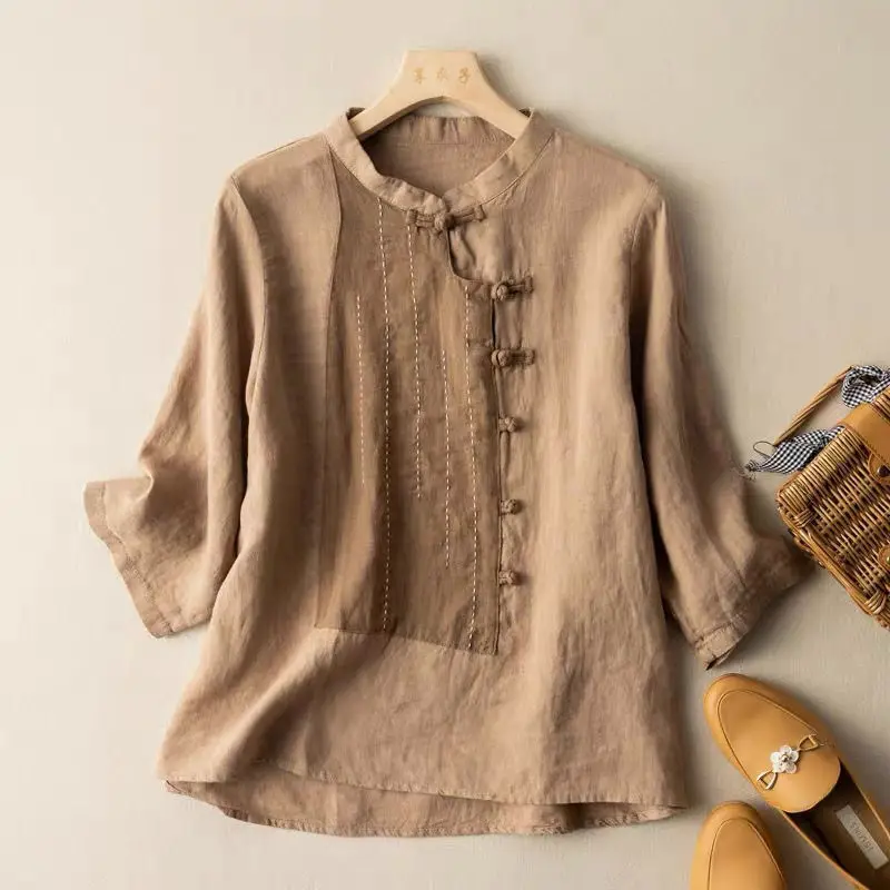 

Chi Bule Хлопково-льняная женская блузка irt Spring Season Long Sve с воротником-стойкой в стиле пэчворк для женщин