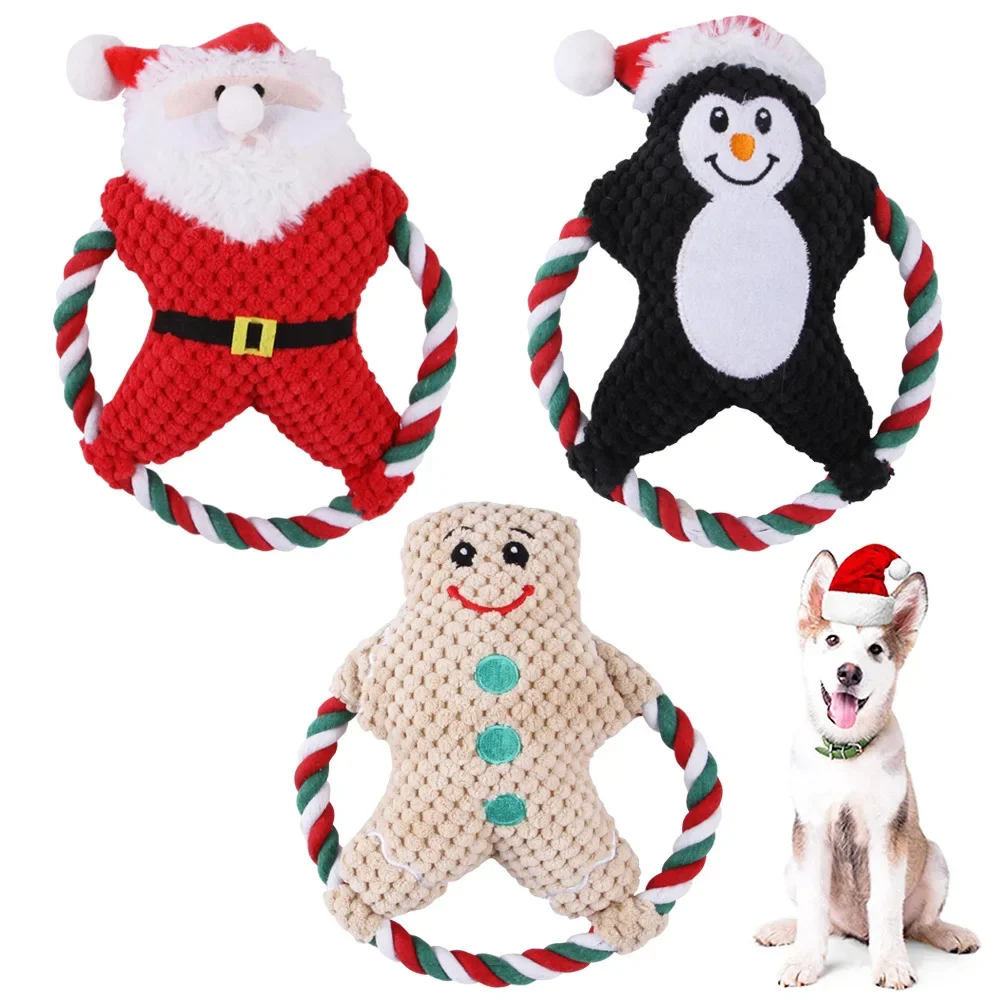 Christmas Dog Toys for Small Large Dogs Pet Santa Claus Gingerbread Man Rope Toy Durable Chew Bite Resistant Dog Accessories