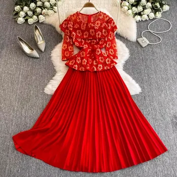 Robes plissées vintage à demi-manches et col rond, dentelle florale épissée, robe mince, vêtements de soirée français, grande taille, crochet chic, automne