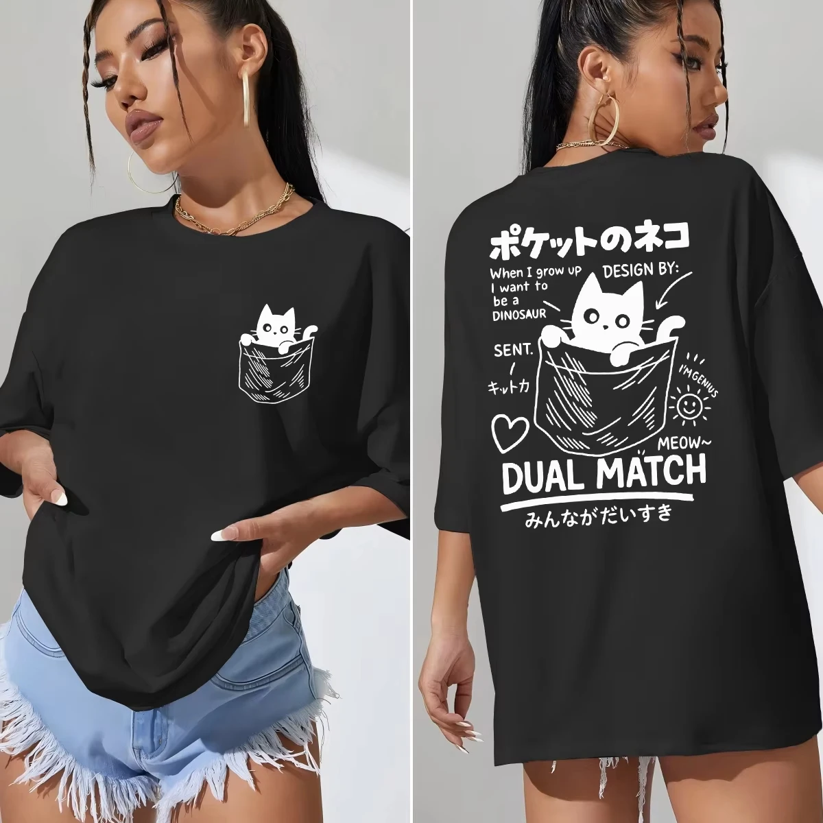 

Cute Japanese Pocket Cat Printed Women T Shirt Loose Casual Short Sleeve Cotton Breathable T-Shirt Summer Hip Hop Clothes