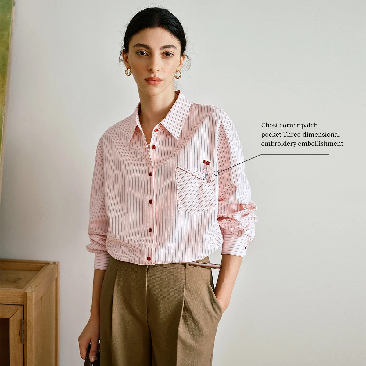 Olrain casual versátil camisas femininas 2025 outono novo commuter magro listrado camisa superior senhoras blusa de manga longa m57qc000129