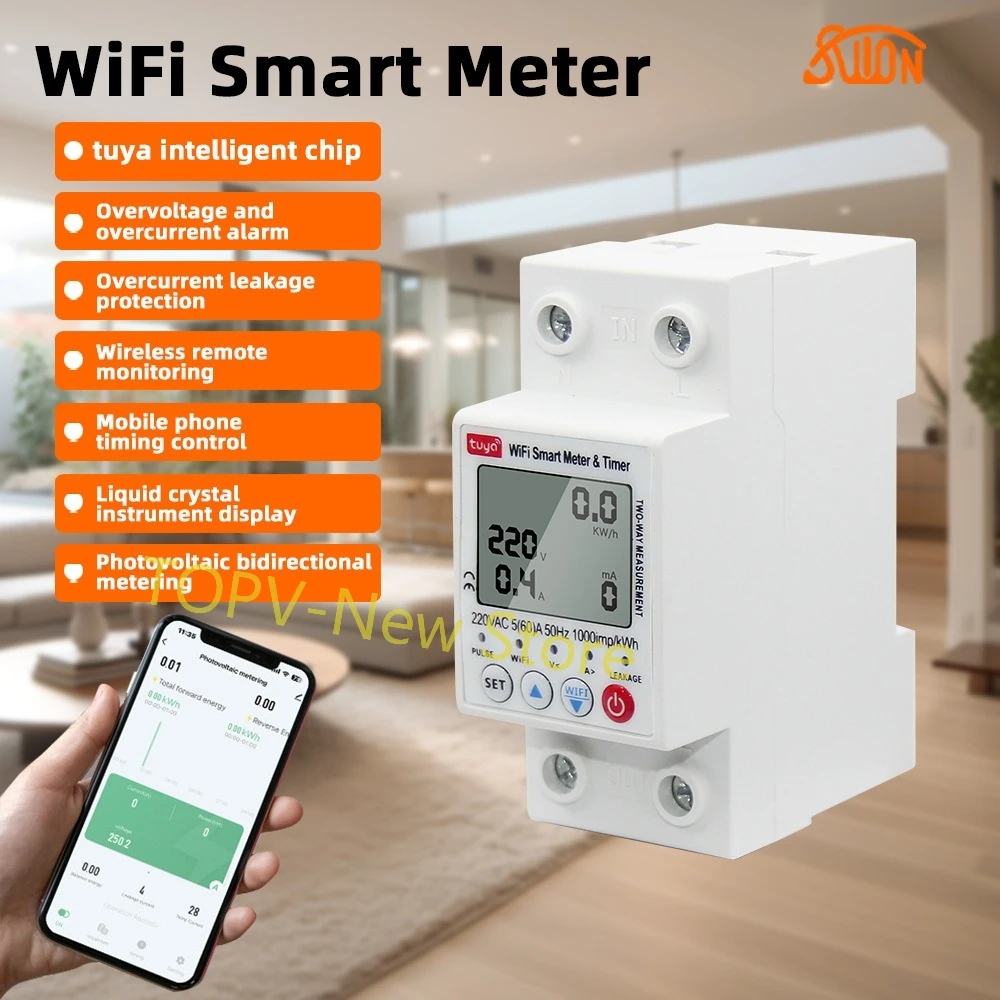 Tuya Smart WiFi Circuit Breaker Switch 63A 2P Earth Leakage Overvoltage and Undervoltage Protector Energy Meter Power kWh Meter