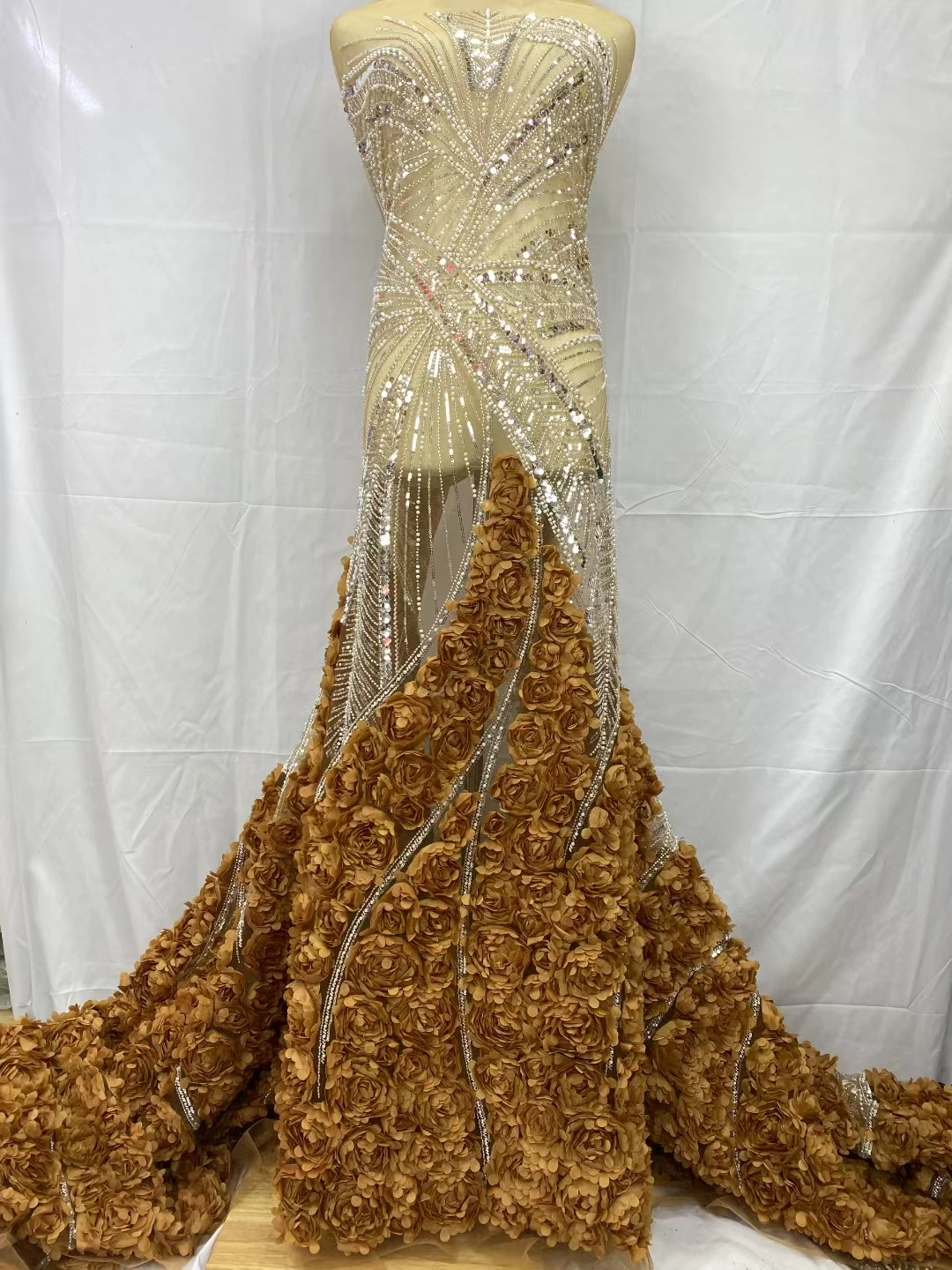 2026 Popular Luxury Soft Chiffon Hemline Lace Fabric with Sparkling Stones – Ideal for Wedding Party Dresses U_Ge9586