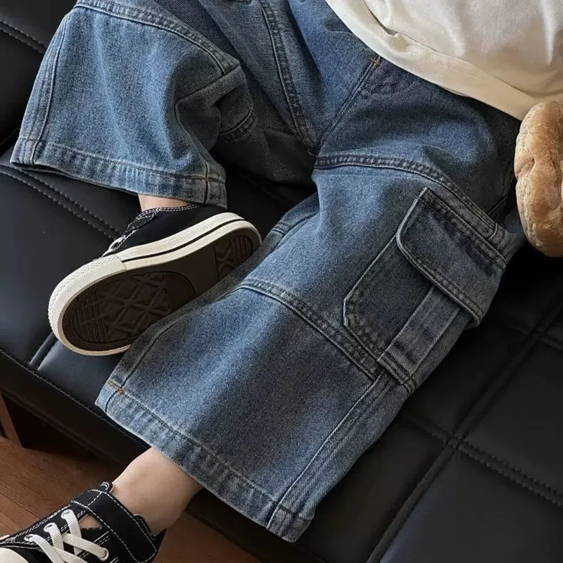 18M-7T spring autumn child kids boys cotton casual stretch waist wide leg jeans