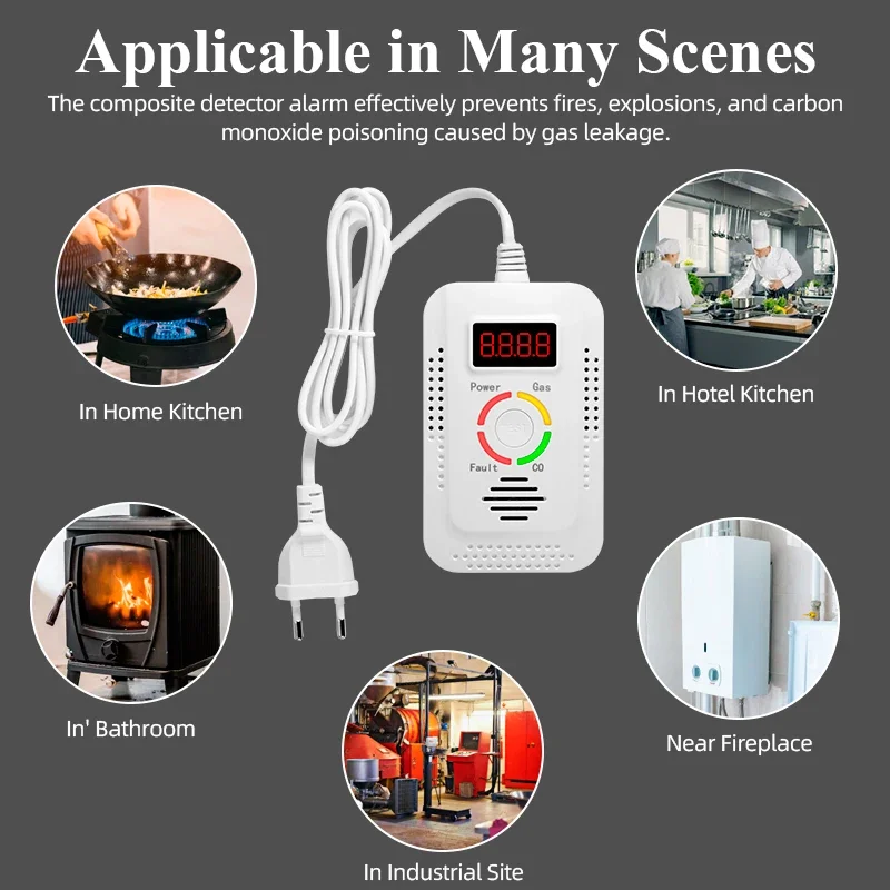 Carbon Monoxide Detector LCD Display Gas 2-in-1 Alarm CO Natural Gas Leak Composite Detector Monitor Alarm for Home Kitchen RV