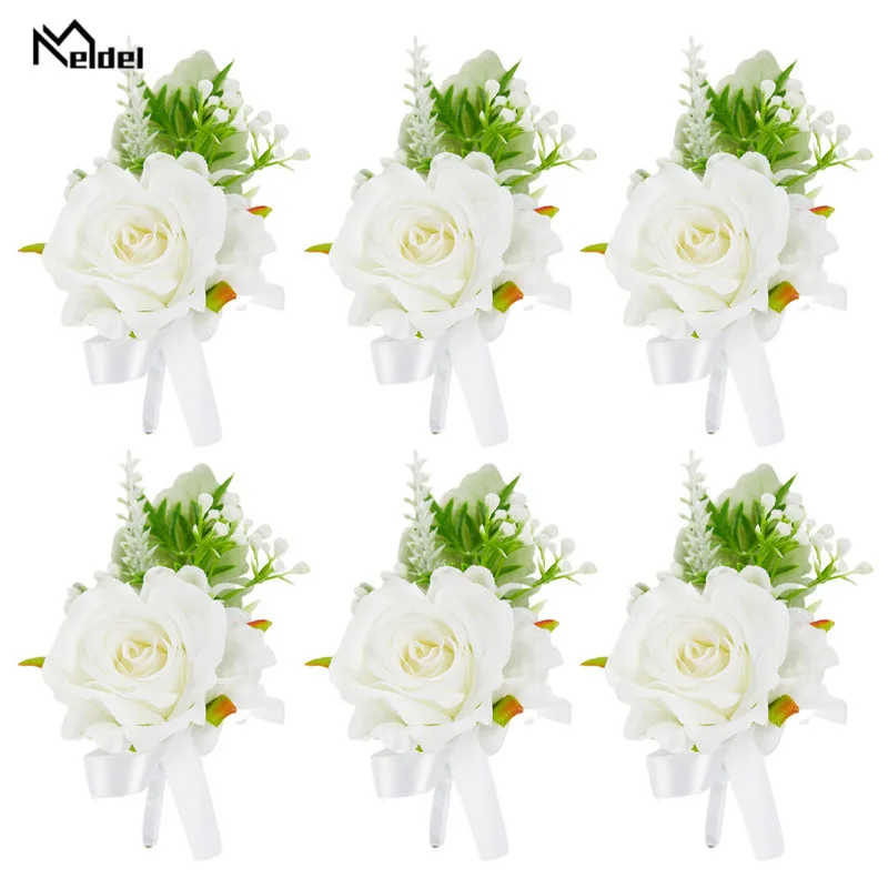 6 pz Champange bianco Groomsman Boutonnieres fiori rose artificiali da sposa damigella d'onore ragazza bracciali fiori corpetto da polso