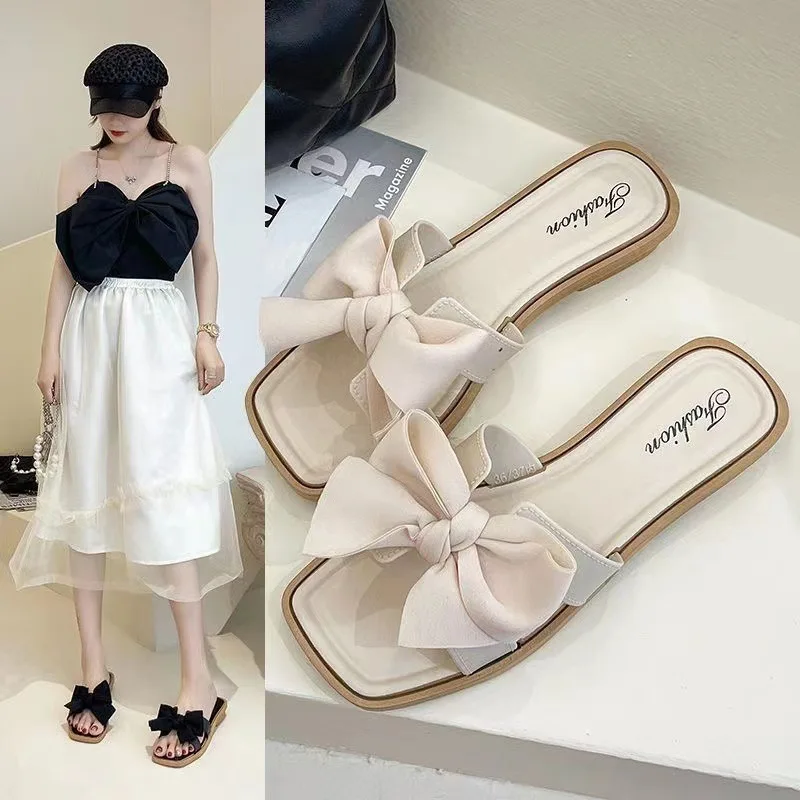 

Women's Casual Bow Slippers PVC Sweet Flat Bottom PU Bowknot Soft Sole Sandals Beachwear Anti Slip Female Slippers Summer