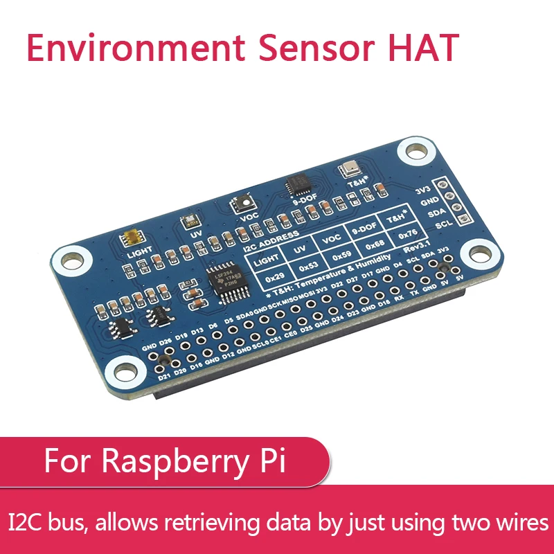 Environment Sensor HAT for Raspberry Pi,I2C Bus,onboard resources including ambient light sensor,VOC sensor,IR/UV